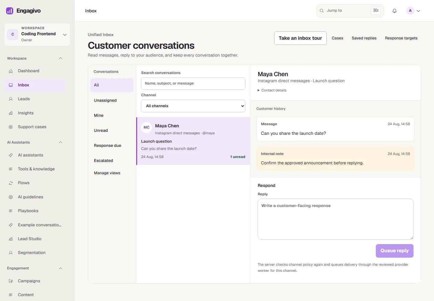 Engagivo shared inbox with a sample conversation and team reply controls