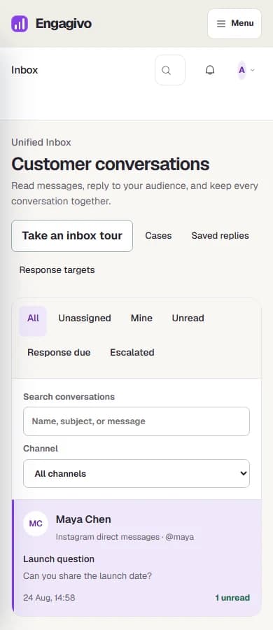 Engagivo shared inbox with a sample conversation and team reply controls