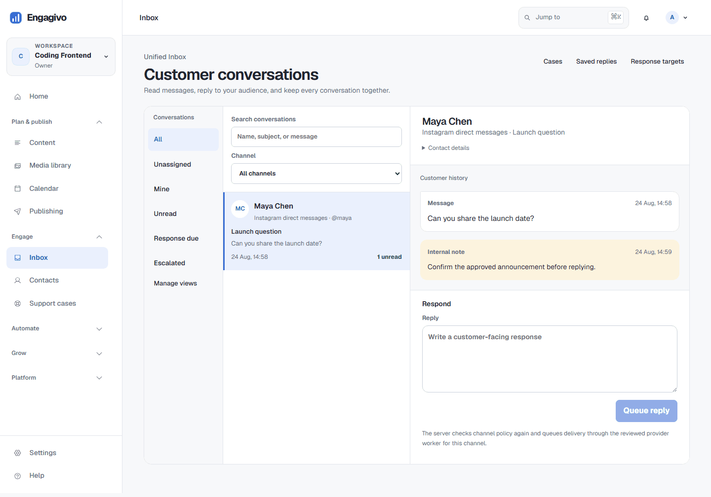 Engagivo inbox with a selected customer conversation, internal note, and reply composer